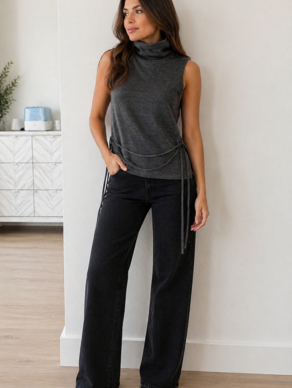 ZARA Gray Sleeveless Turtleneck Top Side Tie Detail Minimal Chic S